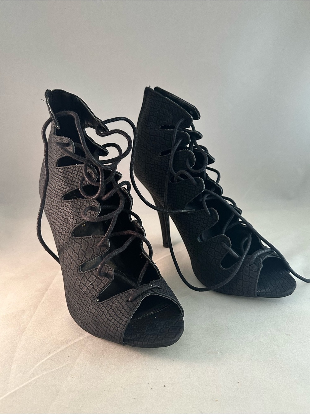 DIVA Lounge Black Lace-Up Peep-Toe Stiletto Booties